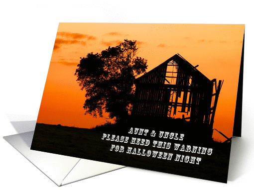 Happy Halloween for an Aint and Uncle, Silhouetted Barn and Tree card