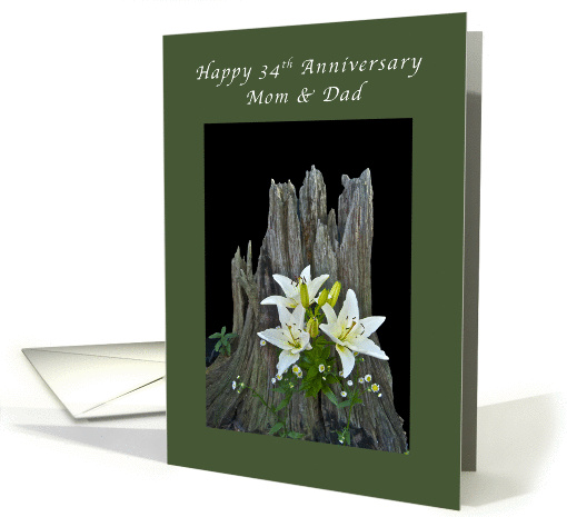 Mom & Dad Happy 34th Anniversary, Stump with Delicate Lilies card