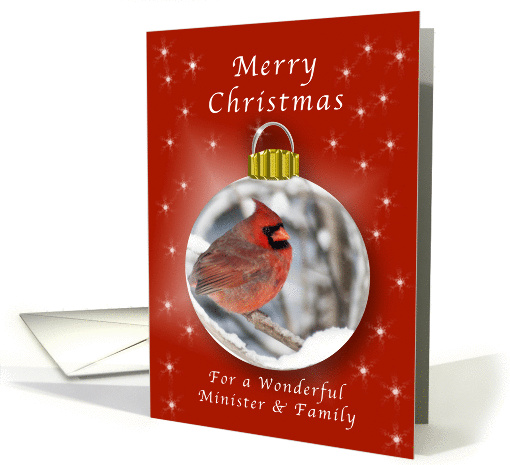 Season's Greeting Cardinal Ornament for a Minister & Family card