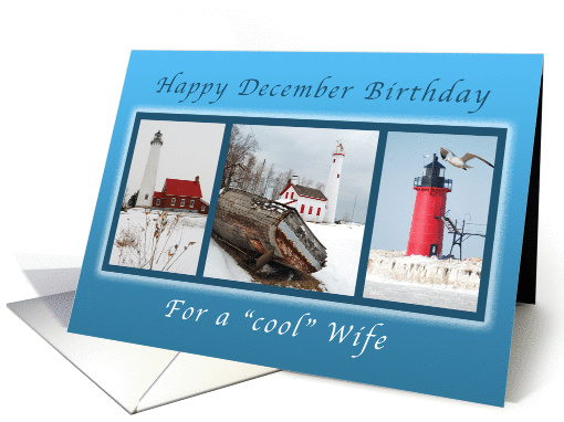 Happy December Birthday for a Cool Wife, Lighthouses in Winter card