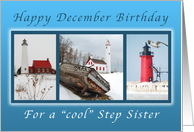 Happy December Birthday for a Cool Step Sister, Lighthouses in Winter card