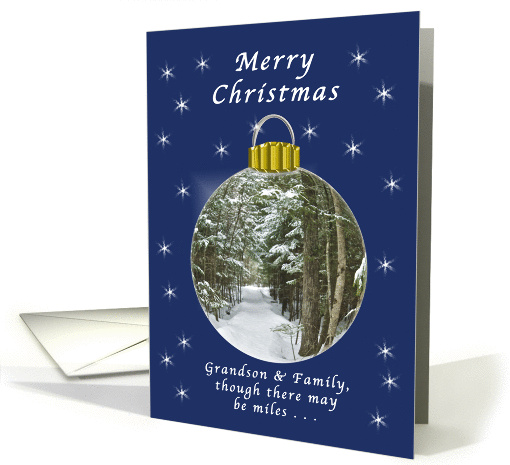 Merry Christmas, Grandson and Family, Far Away, Winter Ornament card