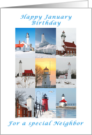 Happy January Birthday, For a Neighbor, Lighthouse collection card