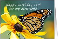 Happy Birthday, for my Girlfriend, Monarch Butterfly on Yellow Flower card