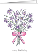 Birthday Posy Of Violets with Pink Ribbon card