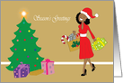 Season’s Greetings woman in red dress and Christmas tree card