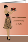 Birthday-Woman in leopard print skirt and carrying a cake card