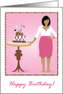 Birthday-Woman in pink skirt and leopard print and pink cake card