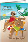 Retirement - older couple by the beach with a tropical cocktail card