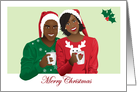 Christmas card, black couple with ugly sweaters and santa’s hat card