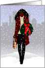 Christmas Beautiful Black Woman with Wreath Wine and Face Mask card