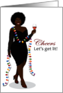 Happy Holidays Curvy Woman with Christmas Lights and a Glass of Wine card