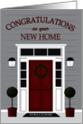 New Home Congratulations Red Front Door with Wreath and Planters card
