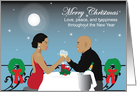 Black Couple toast with champagne to celebrate Christmas card