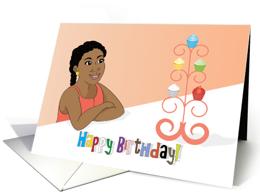 Birthday-Beautiful black girl with braids and cupcakes card (1230050)