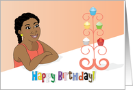 Birthday-Beautiful black girl with braids and cupcakes card