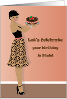 Birthday-Woman in leopard print skirt and carrying a cake card