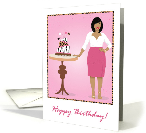 Birthday-Woman in pink skirt and leopard print and pink cake card