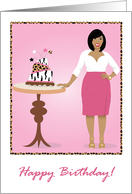 Birthday-Woman in pink skirt and leopard print and pink cake card