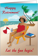 Retirement - Beautiful older woman by the beach with a cocktail card