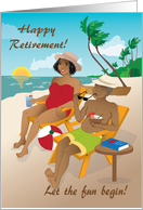 Retirement - older couple by the beach with a tropical cocktail card