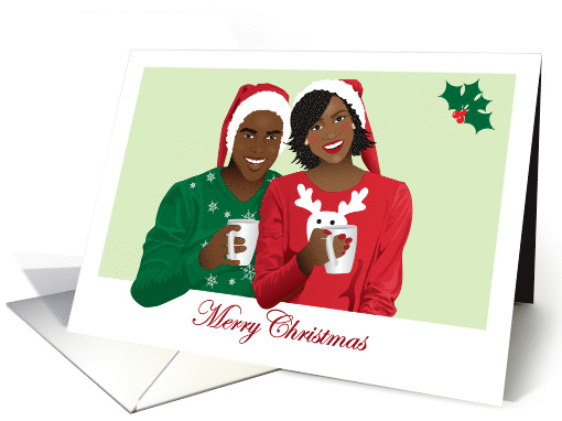 Christmas card, black couple with ugly sweaters and santa's hat card