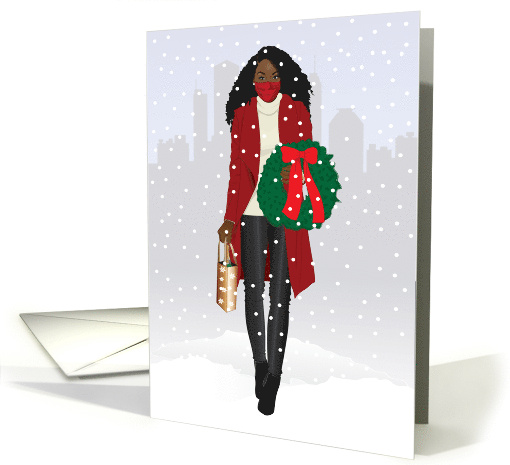 Christmas Beautiful Black Woman with Wreath Wine and Face Mask card