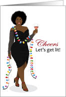 Happy Holidays Curvy Woman with Christmas Lights and a Glass of Wine card