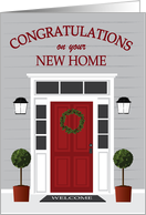 New Home Congratulations Red Front Door with Wreath and Planters card