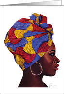 Black Woman Wearing a Colorful Headwrap and Golden Hoops card