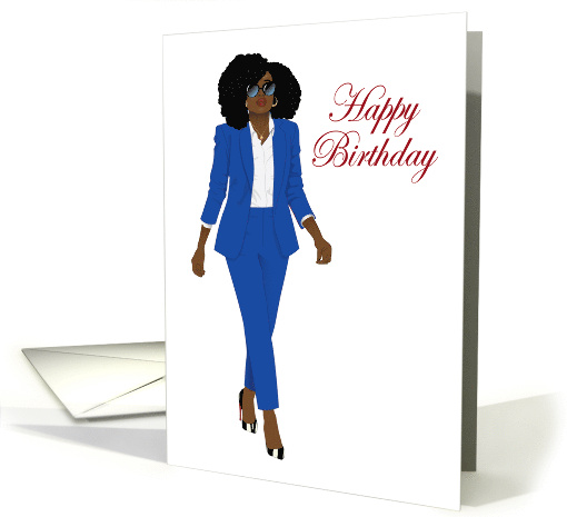 Happy Birthday for Black Woman Blue Suit Natural Hair Sunglasses card