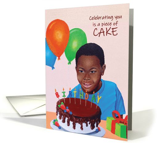 Birthday - Black Boy with Chocolate Cake, Balloons, and Gift card