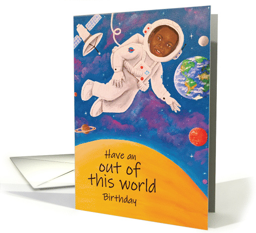 Birthday Black Boy in Astronaut Suit in Outer Space Planets card