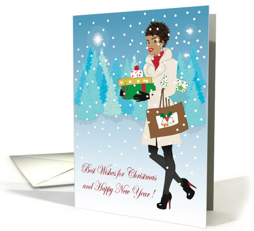 Christmas - Beautiful black woman in the Snow with Gifts card (959739)
