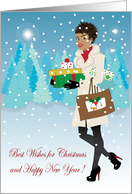 Christmas - Beautiful black woman in the Snow with Gifts card