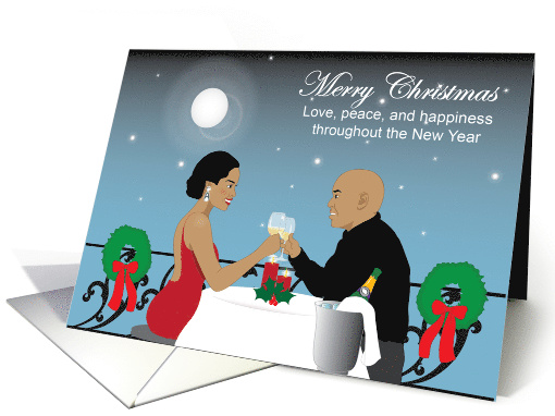 Black Couple toast with champagne to celebrate Christmas card (959753)