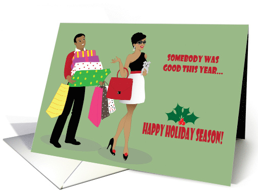 Christmas - Man carrying Christmas Gifts for beautiful woman card