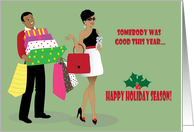 Christmas - Man carrying Christmas Gifts for beautiful woman card