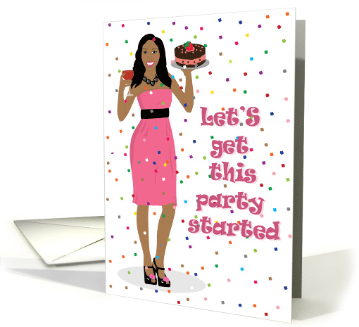 Happy Birthday- woman with cake, wine and confetti card (960885)