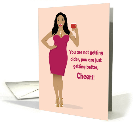Birthday-Sexy African American Woman, Wine glass, pink dress card