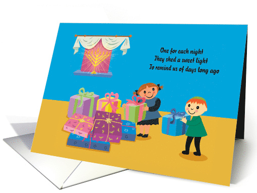Sweet Happy Hanukkah Children Holding Presents With Menorah card