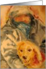 Christmas Winter watercolor person in parka hugging golden dog card