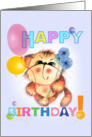 Happy Birthday.The little cat with flowers and balloons. card