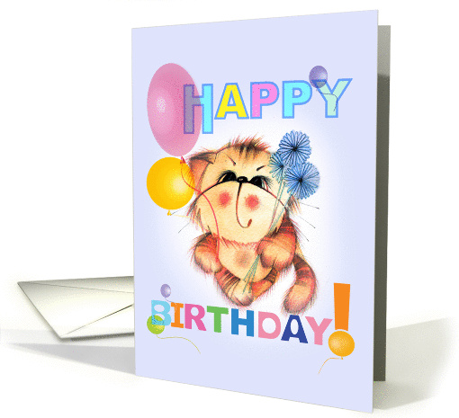 Happy Birthday.The little cat with flowers and balloons. card (974061)