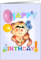 Happy Birthday.The little cat with flowers and balloons. card