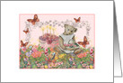 Illustrated Teddy Bear in Garden, Birthday Cake card