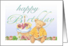 Illustrated teddy bear in garden, birthday cupcake card