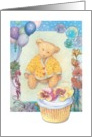 Illustrated cuddly teddy bear, birthday cupcake card