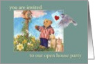 Open House Party invitation, illustrated teddy bear & pets card