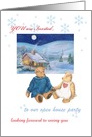 Winter open house custom text invitation, teddy bear & cozy cottage card